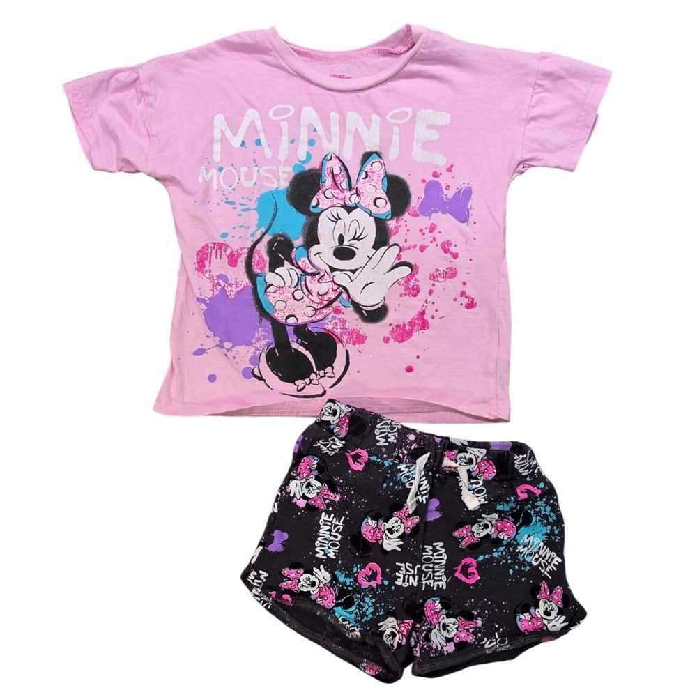 Disney Minnie Mouse 2 Piece Shirt Shorts Outfit Set Pink Black Girls Size 6